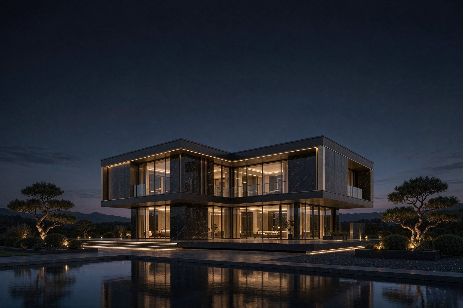 VENASO villa 3D render at dusk